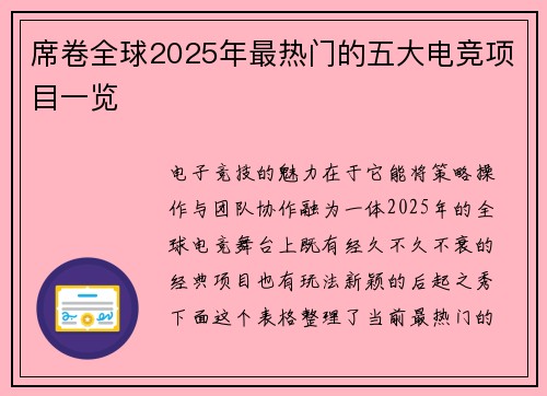 席卷全球2025年最热门的五大电竞项目一览 